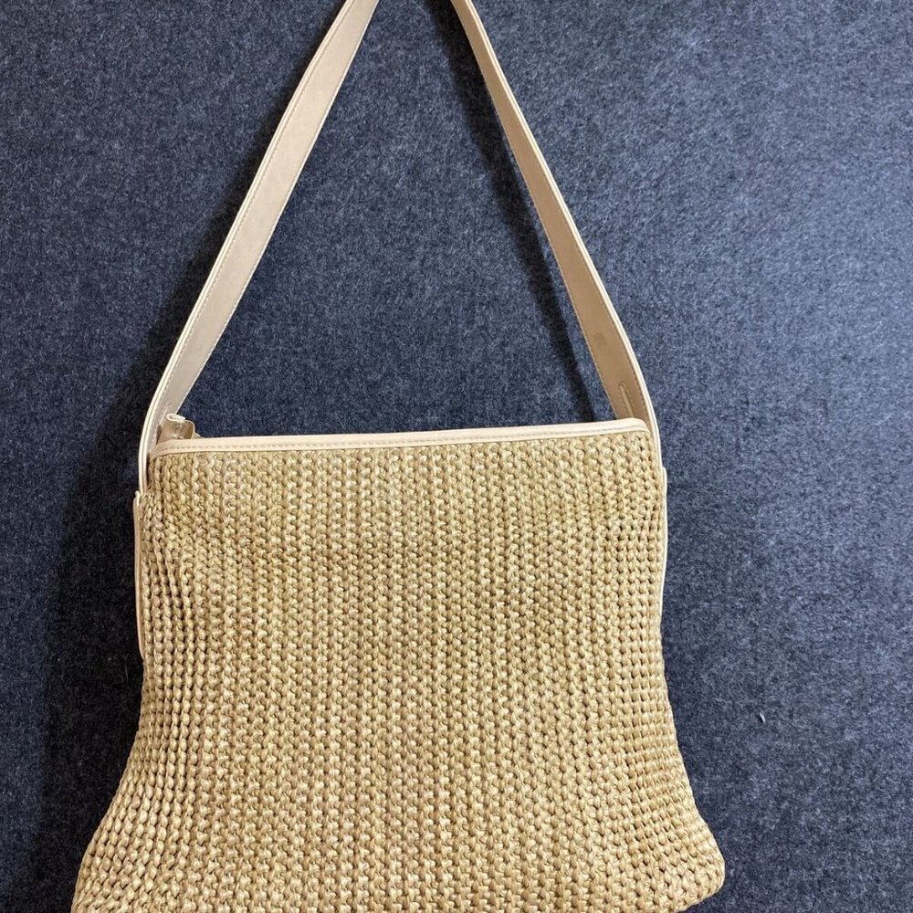 Stone Mountain Tan Leather Small Weaved Straw Look Shoulder Handbag / Purse‎